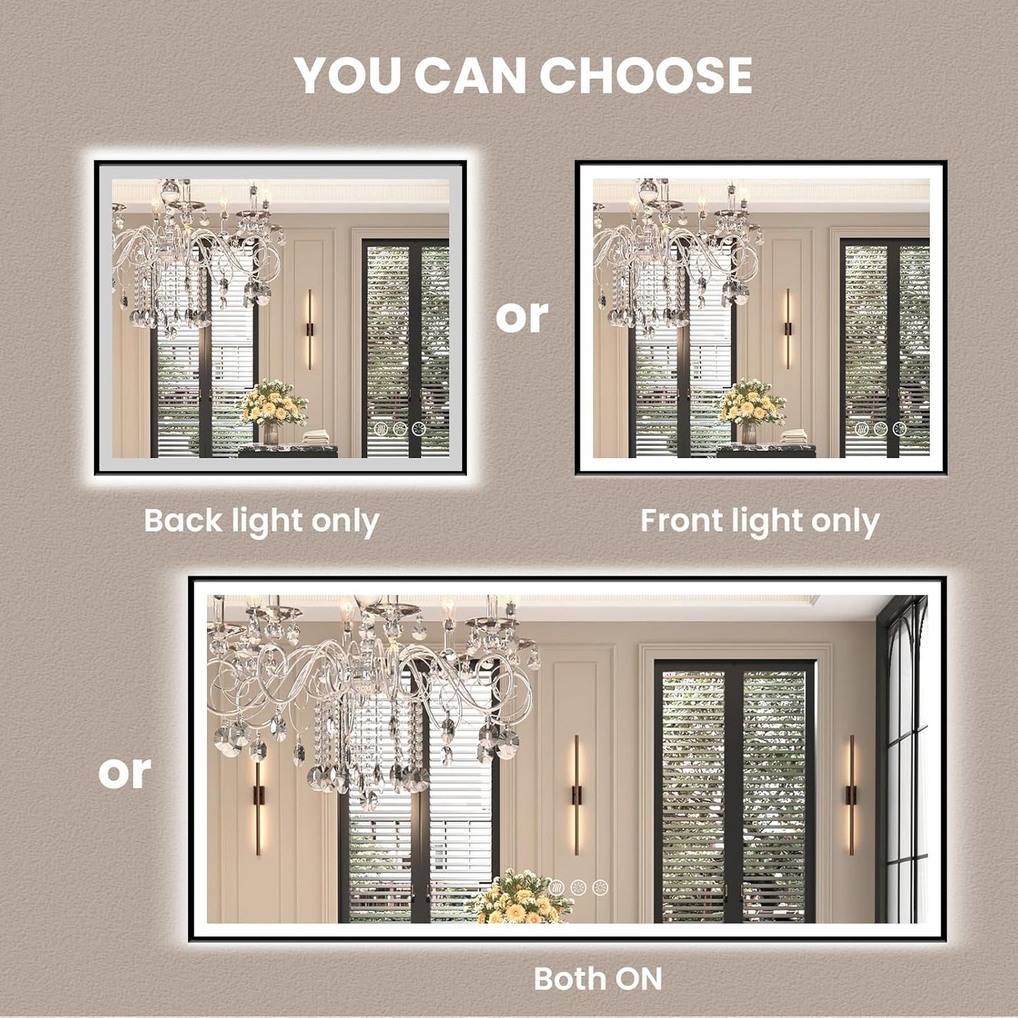 Amorho 88"x 38" LED Bathroom Mirror with Black Frame, Front Light and Backlit(Controlled Separately), Stepless Dimmable, Anti-Fog, Shatter-Proof, 3 Colors, Memory