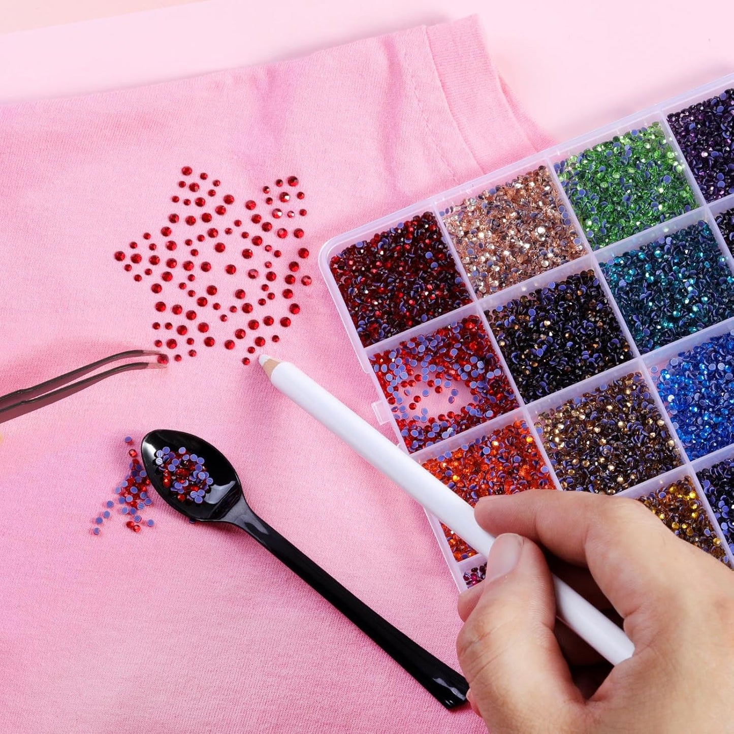 Hotfix Rhinestones Mixed 24 Colors, SS6 Rhinestones for Crafts Clothes, Hotfix Crystals with 1 Tweezers, 1 Wax Pencil and 1 Spoon