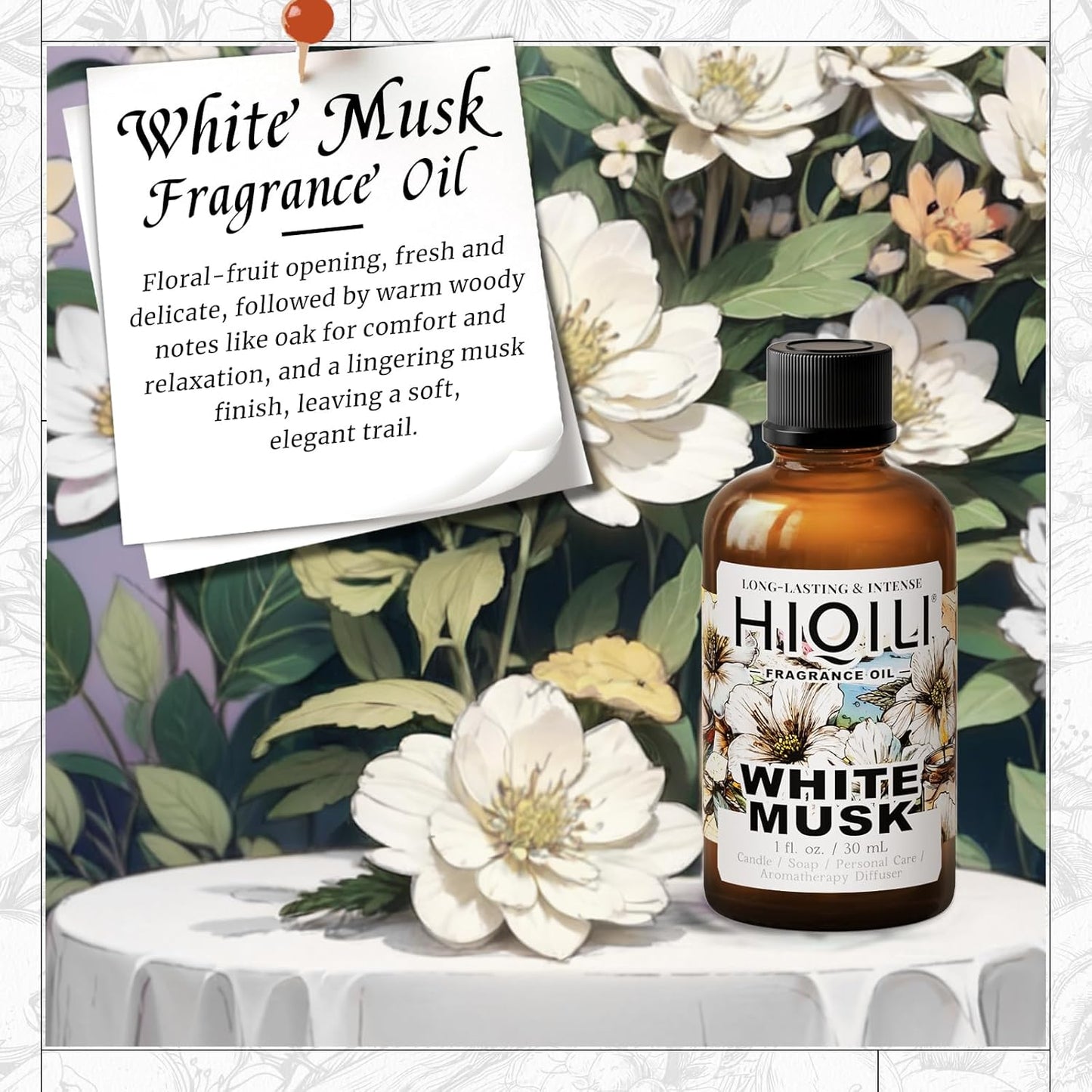 HIQILI White Musk Fragrance Oil, Candle Scents for Candle Making, Soap Making Supplies, Musk Perfume for Women, for Diffuser Use - 1 Fl Oz