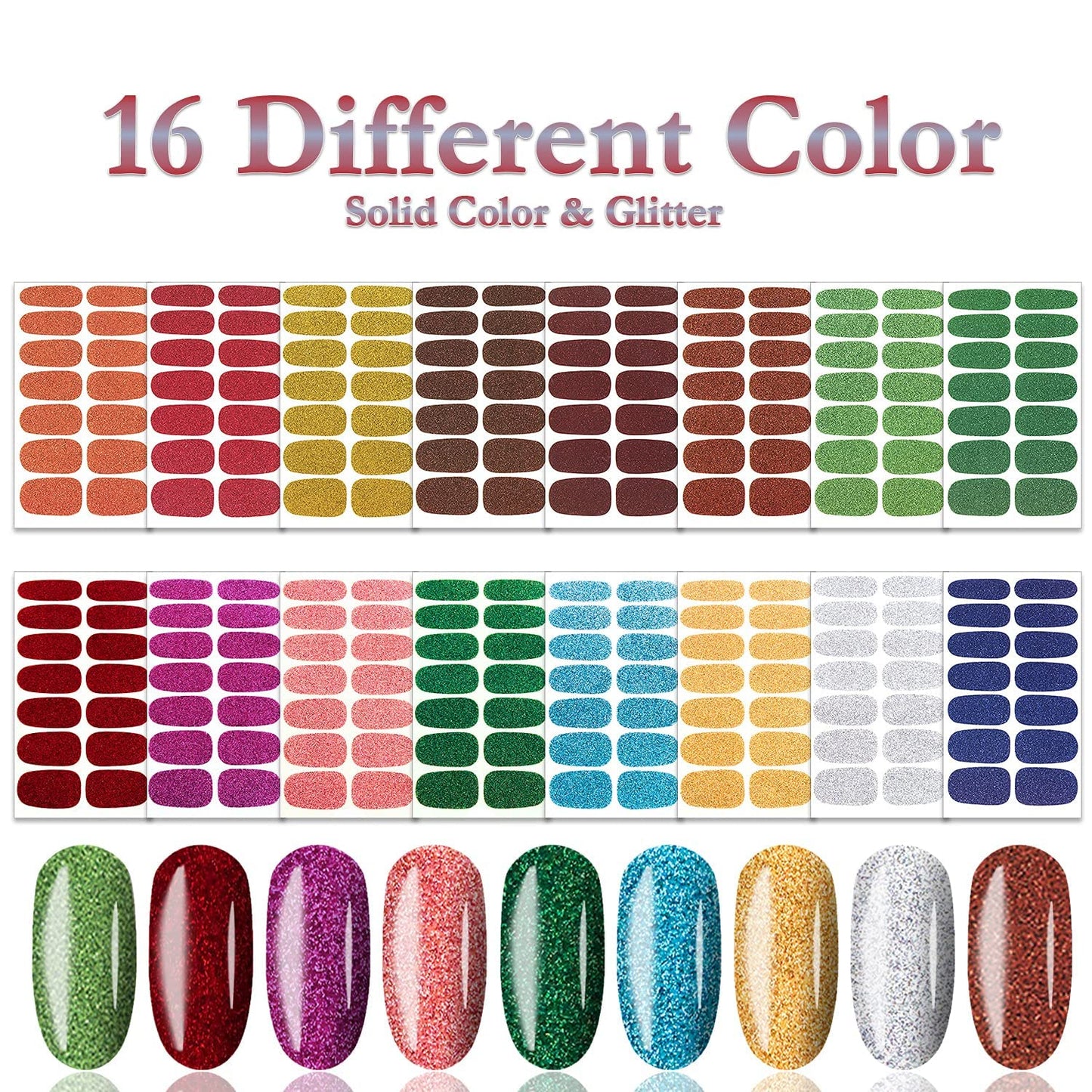 SILPECWEE 224 Pieces 16 Sheets Nail Polish Strips for Women Nail Polish Stickers Glitter Nail Wraps for Women Adhesive Nail Decals Gel Sticker Nails for Girls with File (Classy Glitter)