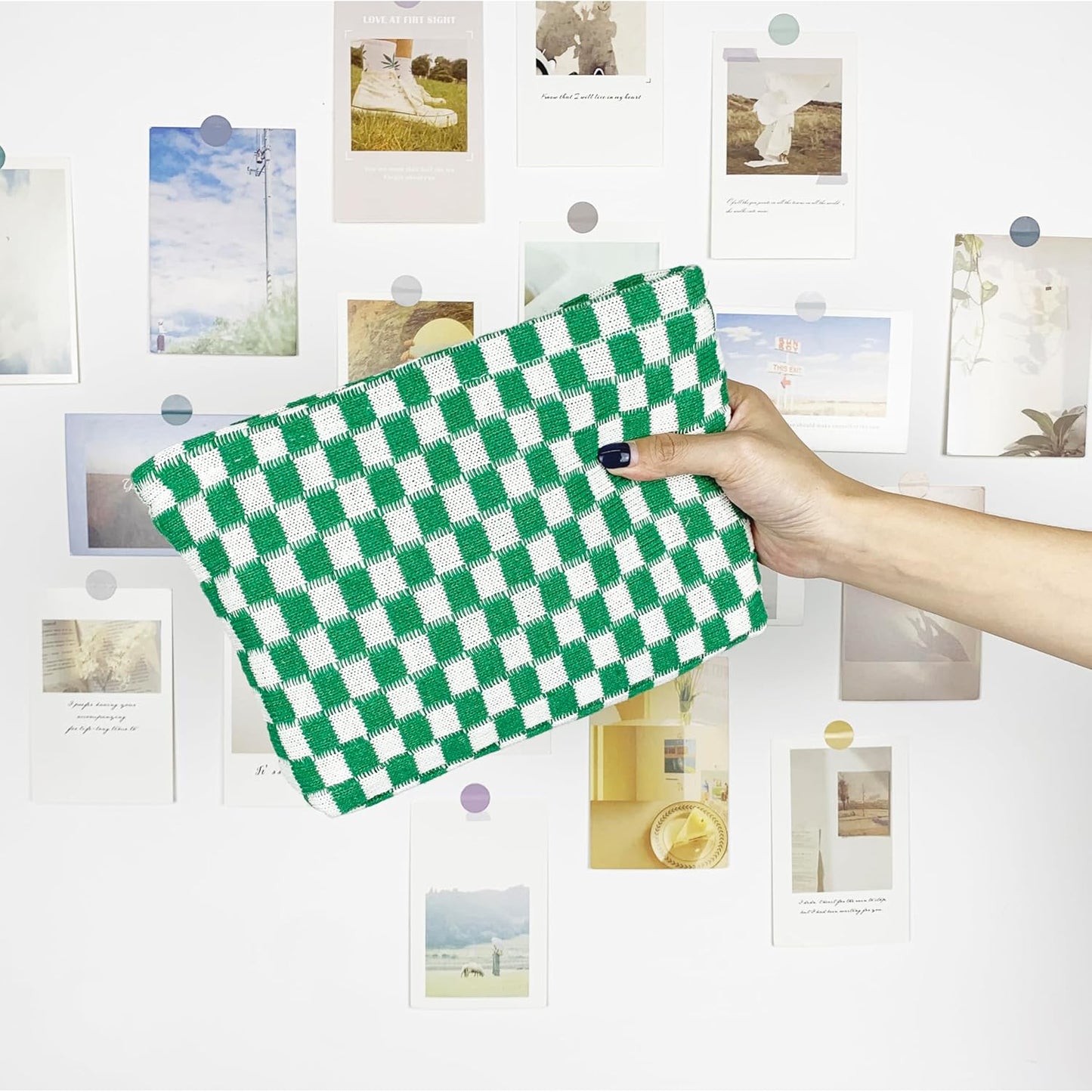 PAZIMIIK Knitted Checkered Makeup Bag Large Zipper Make Up Accessory Pouch for Purse Cosmetic Brush Bag for Travel Essential,Green