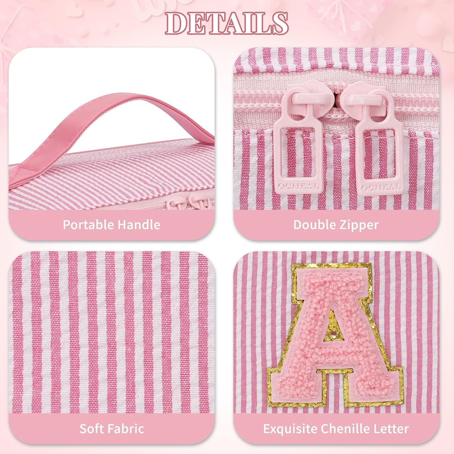 Travel Makeup Bag for Women, 2Pcs Portable Personalized Initial Makeup Organizer Bag, Open Flat Large Cosmetic Bag With Travel Essential Pouch (Pink Letter O)