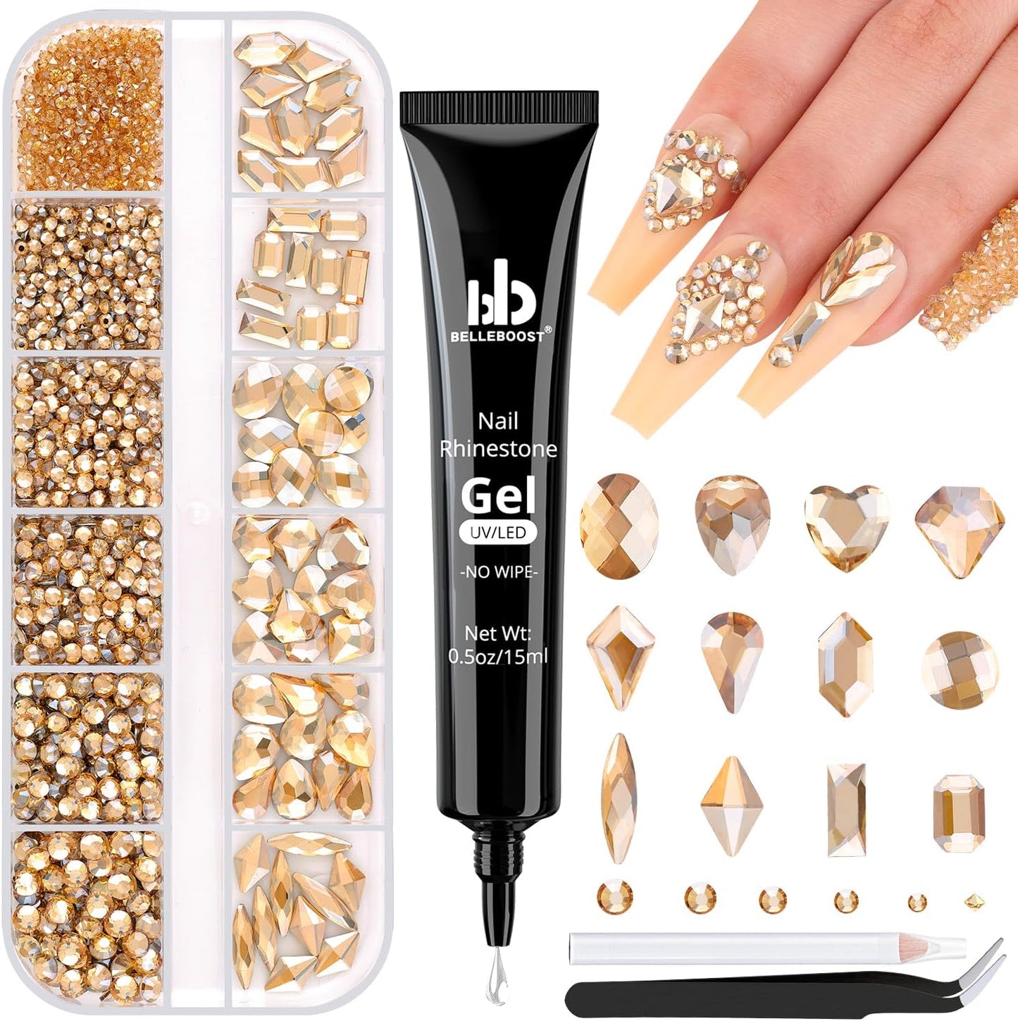 2060Pcs Champagne Gold Glass Nail Rhinestones 60Pcs Multi Shapes Flatback Nail Gems +2000Pcs 1.5-4mm Round Crystal with Rhinestones Glue Gel, Manicure Nail Charms Diamond Gemstones for Nail Art