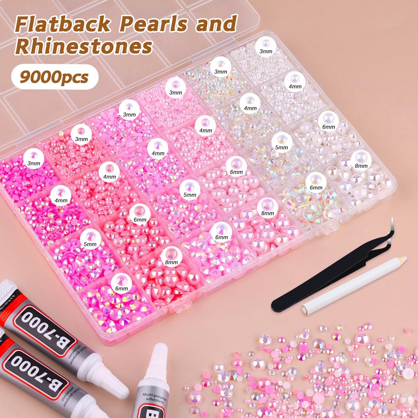 9000PCS Flatback Pearls and Rhinestones for Bedazzling, Pink White 3-10mm Resin Rhinestones and Half Pearls for Crafting, Nail Art and Grad Cap Decor with B7000 Jewelry Glue