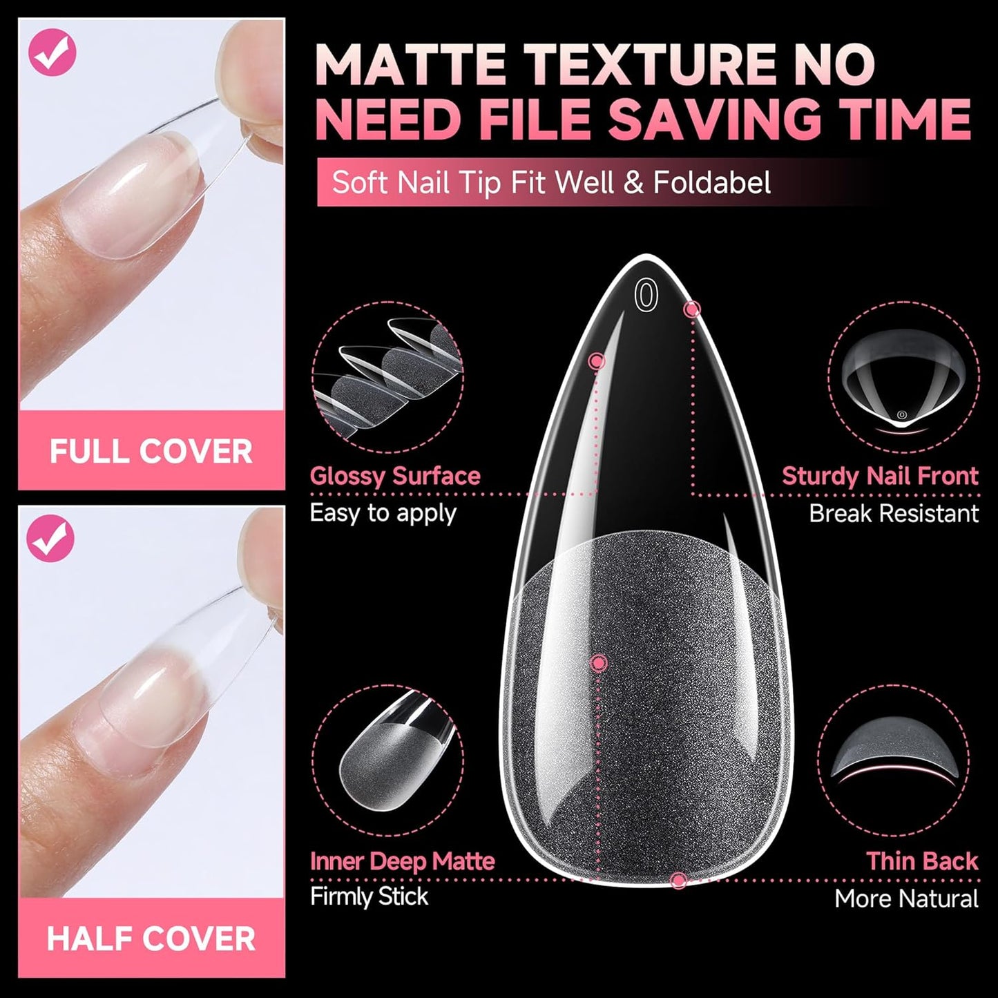 UNA GELLA Medium Stiletto Gel Nail Tips Halloween Full Cover 216Pcs Almond Shape Nails Tips Stiletto Pre etched Soft Gel Nails Tips Clear Fake False Nail Tips For Home Art Salon 12 Sizes