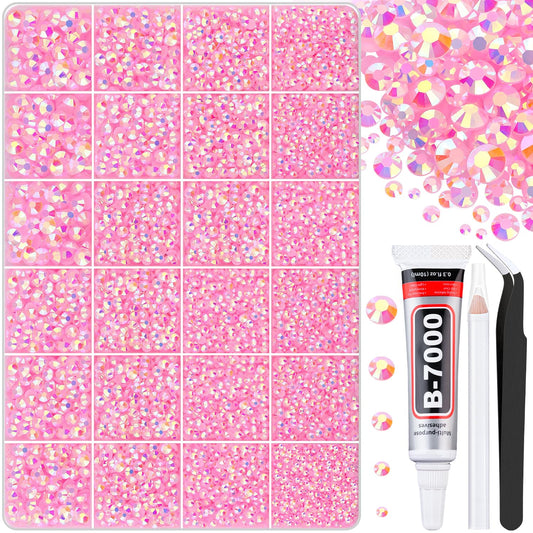 30000Pcs Light Pink AB Rhinestones for Bedazzling with B7000 Jewelry Glue, Bedazzler Kit Flatback Gems, Resin Rhinestones for Crafting Crafts Clothing Shoes Fabric Nail Art Assorted Size 2/3/4/5/6mm