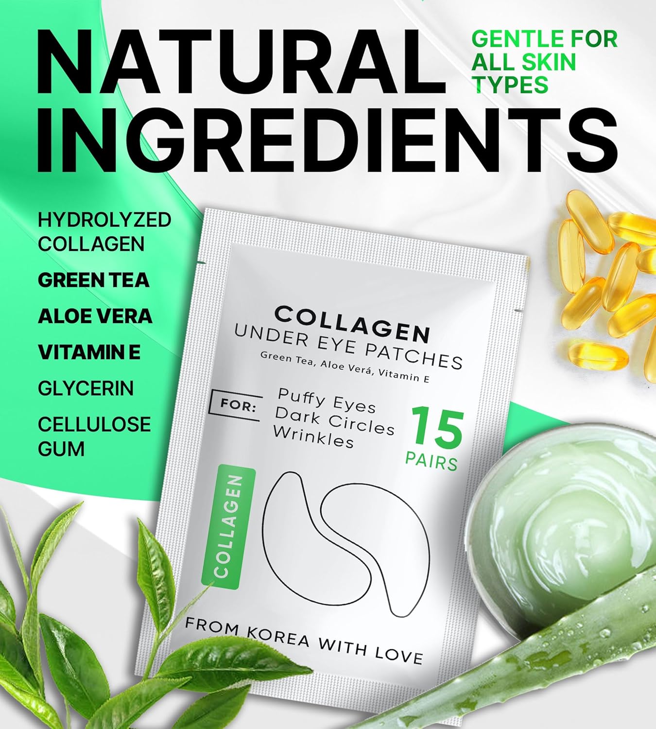 Under Eye Patches for Dark Circles, Puffiness 15 PAIRS - Dark Circles Under Eye Treatment - Under Eye Mask Gel - Under Eye Gel Patches for Puffy Eyes - Green Tea, Collagen Eye Patches - Under Eye Pads