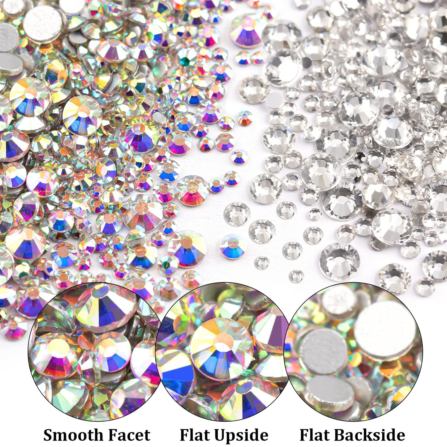 One Pack 2000 Pcs of Flatback Round AB Crystal+Transparent White Clear Rhinestones 6 Sizes (1.5-6 mm) with Nail Art Rhinestone Picker Pencil and Tweezers for DIY and Salon Use