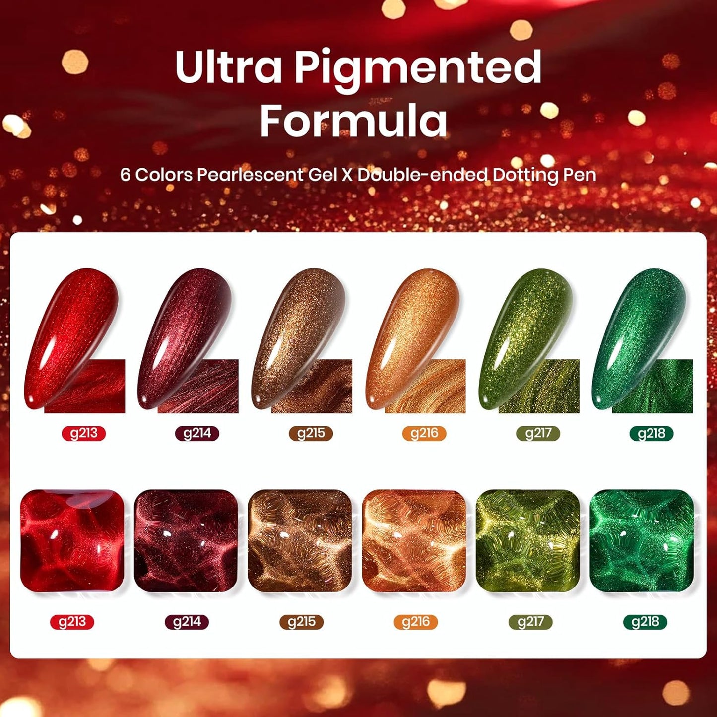 beetles Glitter Gel Nail Polish Set, 6 Colors Glitter Brown Orange Red Green Colors Christmas Nail Drawing Swirl Shell Thread Effect Gel Polish Kit Soak Off Led Nail Gel Polish DIY Mani Gifts