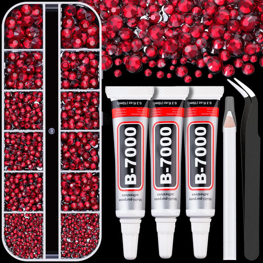 Resin Rhinestones for Crafting with B7000 Jewelry Glue, 1 Box Dark Red Flatback Crystals with 3Pcs 10ml Glue for Bedazzling Crafts DIY Nail Art Makeup，Non Hotfix Gems for Clothing Shoes