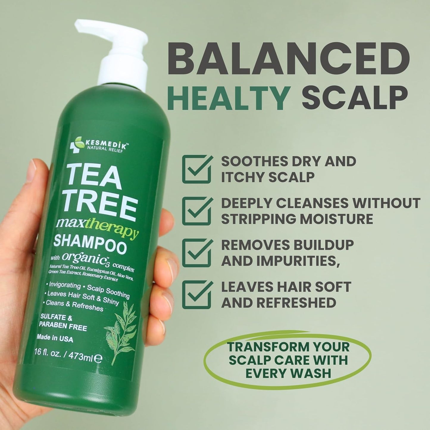 Tea Tree Oil Shampoo MaxTherapy, Itchy Scalp Relief, Refreshes & Cleanses Dandruff & Buildup, Clarifying for Oily Hair, Women & Men, 16 fl oz