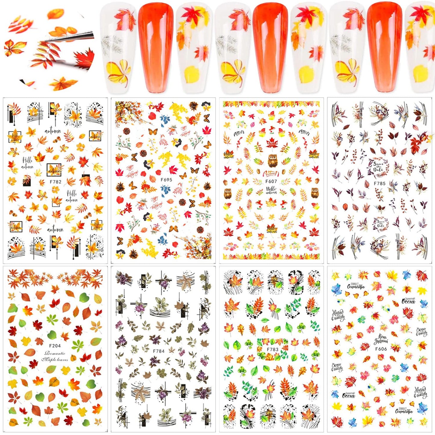 8 Sheets Fall Nail Art Stickers Thanksgiving Nail Decals 3D Maple Leaf Nail Stickers Autumn Butterfly Maple Leaves Nail Designs Decorations for Women Kids Girls Holiday DIY Manicure Charms