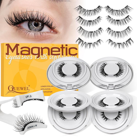 QUEWEL 4 Pairs Magnetic Eyelashes Natural Look, Reusable Magnetic Eyelashes with Applicator, No Glue Needed Lash Clusters Kit, Easy to Wear and Remove(4 Pairs-C)