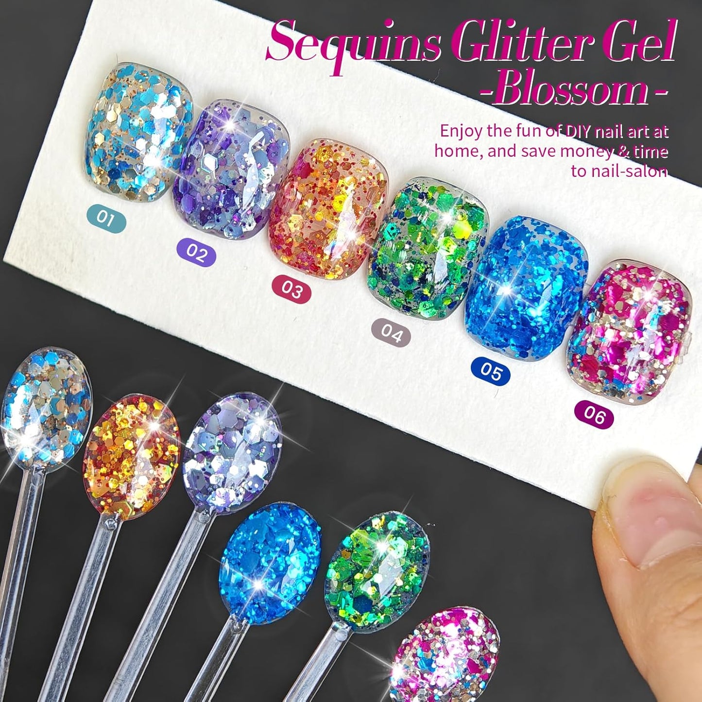 Born Pretty Glitter Gel Nail Polish with Sequins, 6 Pcs Blue Purple Gold Green Hot Pink Long Lasting Sparkly Shiny U V Gel Polish Set for Manicure and Nail Art, DIY at Home, Salon-Quality 7ml