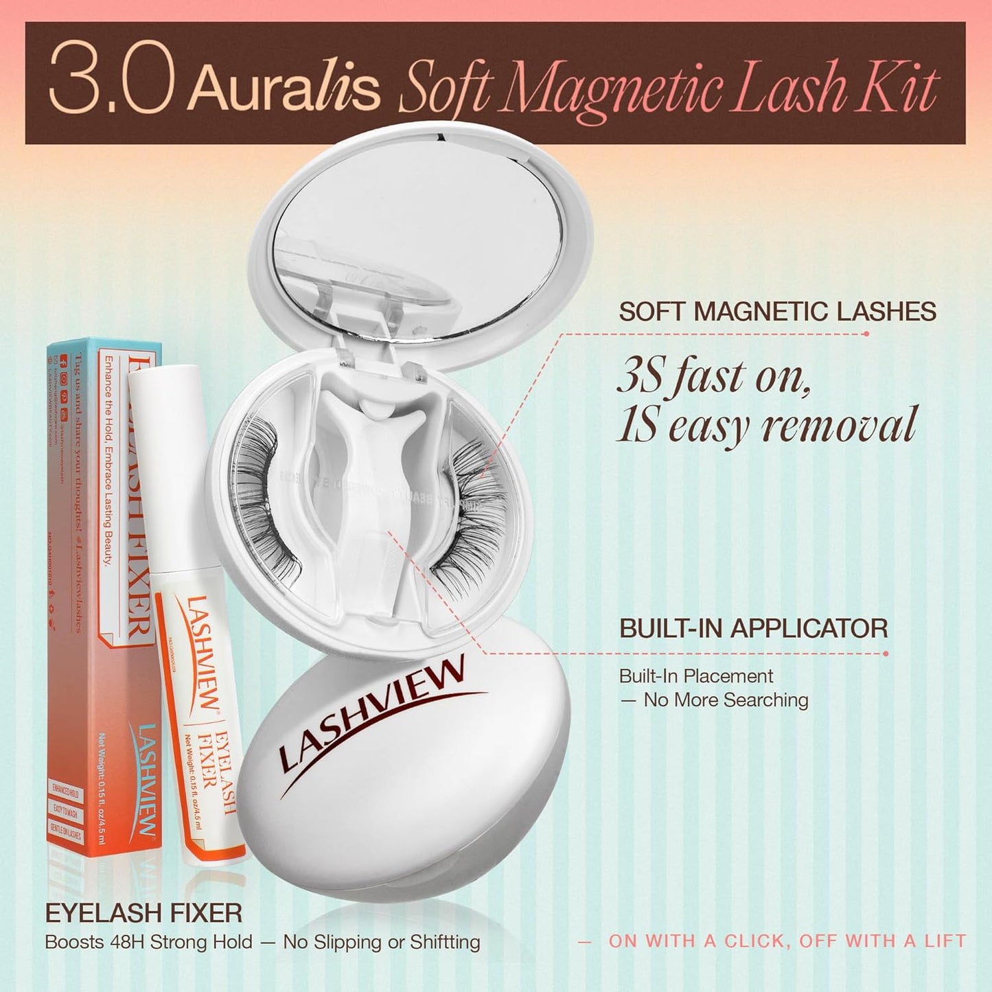 LASHVIEW Soft Magnetic Eyelashes Kit, Natural Look with 0.17mm Ultra-Thin Magnets, Comfortable No-Glue Lashes with Applicator & Eyelash Fixer, Easy to Wear & Remove-N14