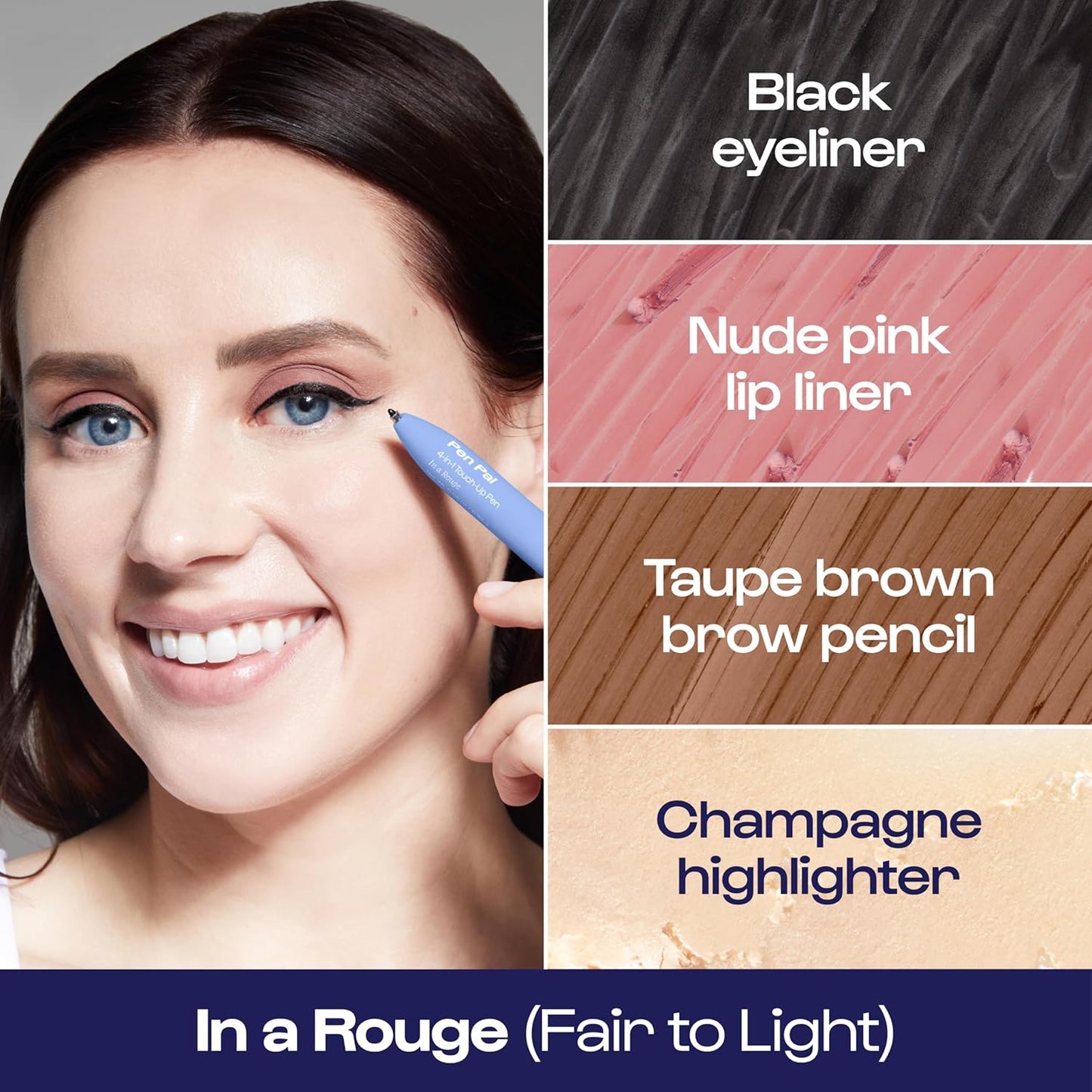 Alleyoop Pen Pal 4-in-1 Makeup Pen - Comes with Eyeliner, Highlighter, Lip Liner, and Eyebrow Pencil - Touch Up On the Go - Cruelty-Free, Vegan (In A Rouge (Light))