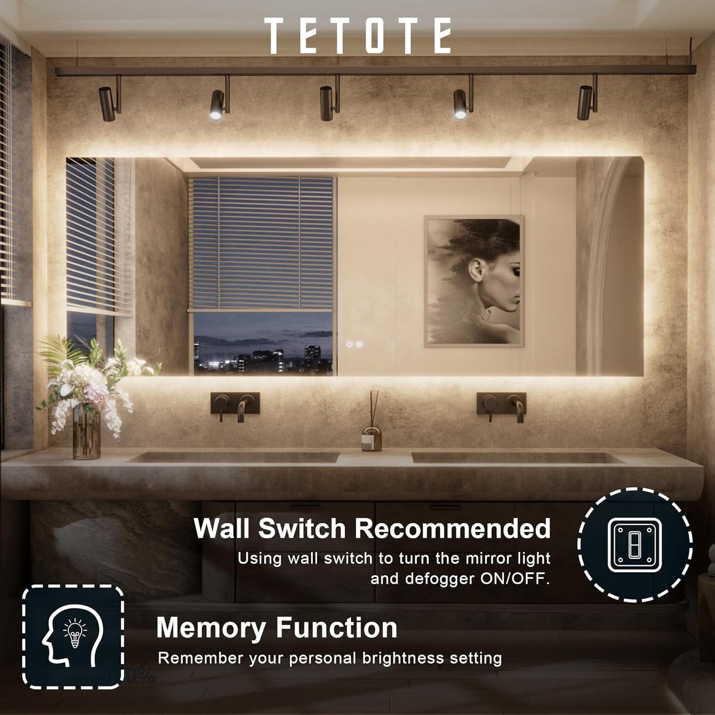 TETOTE 48 x 36 Inch LED Backlit Bathroom Mirror with Lights, 3Color White/Warm/Natural, Anti-Fog Lighted Mirror,Dimmable,Vanity Mirror,Wall Mounted