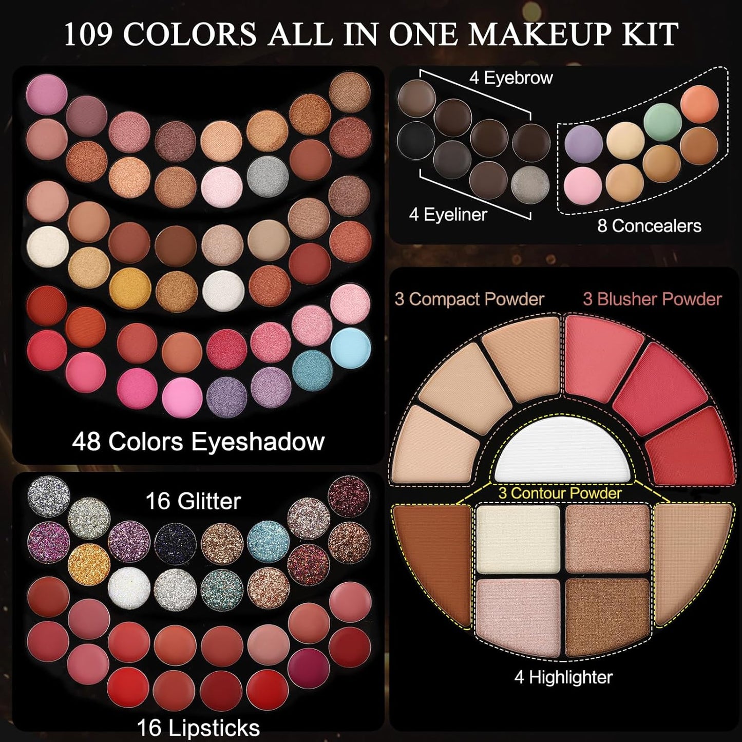109 Colors Makeup Kit for Women Girl Full Kit Gift Set with Mirror All in One Make up Palette Included Eyeshadow Glitter Lipstick Concealer Eyeliner Eyebrow Highlighter Contour Blusher Compact PowderY