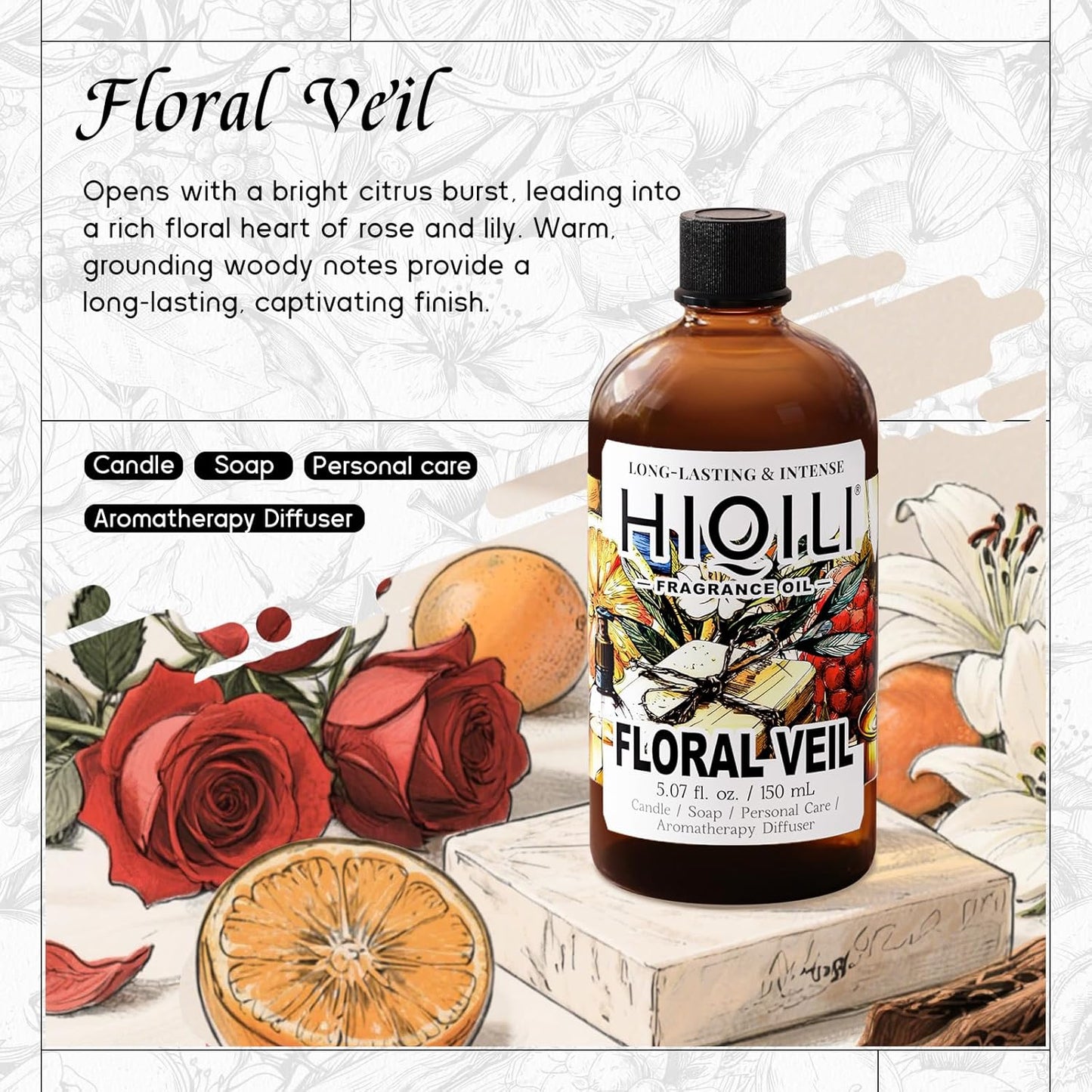 HIQILI Floral Veil Fragrance Oil for Candle & Soap Making, Inspired by ISY-Myake L.d'Isy-Florale, Humidifier, Add to Scented Sachets, Reed Diffuser Oil Refill - 5.07 Fl Oz