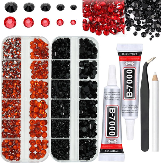 Black and Red Rhinestones with Glue(S8-S30) for Bedazzling,2mm-6mm Non-Hotfix Flatback Nail Gems Beads with B7000, Resin Nail GemsStones Diamond Kit for Bedazzle Crafting, Nails DIY Art Decoration