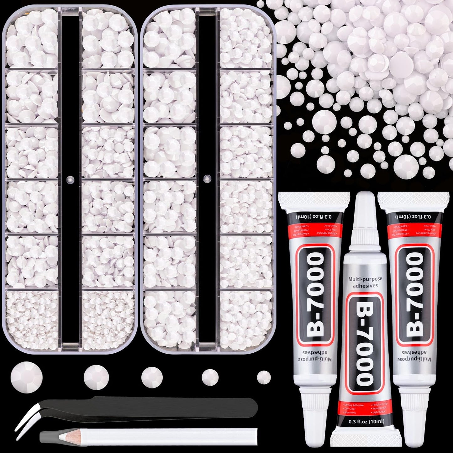 Resin Rhinestones for Crafting with B7000 Jewelry Glue, 2 Boxes White Flatback Crystals with 3Pcs 10ml Glue for Bedazzling Crafts DIY Nail Art Makeup，Non Hotfix Gems for Clothing Shoes