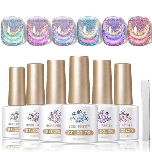 Born Pretty Magnetic Gel Nail Polish Holographic Glass Cat Magnetic Eye Gel Polish Nail Gel Soak Off Nail Art Salon Manicure Collection Gift 6pcs