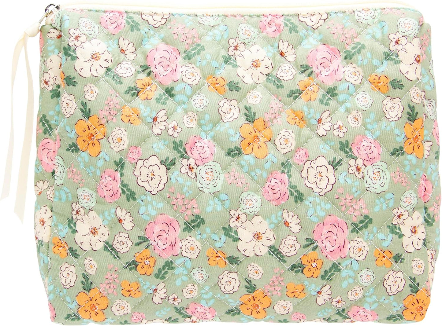 PAZIMIIK Quilted Makeup Bag Large Travel Zipper Soft Cosmetic Pouch for Women Girls Make Up,Green Flower