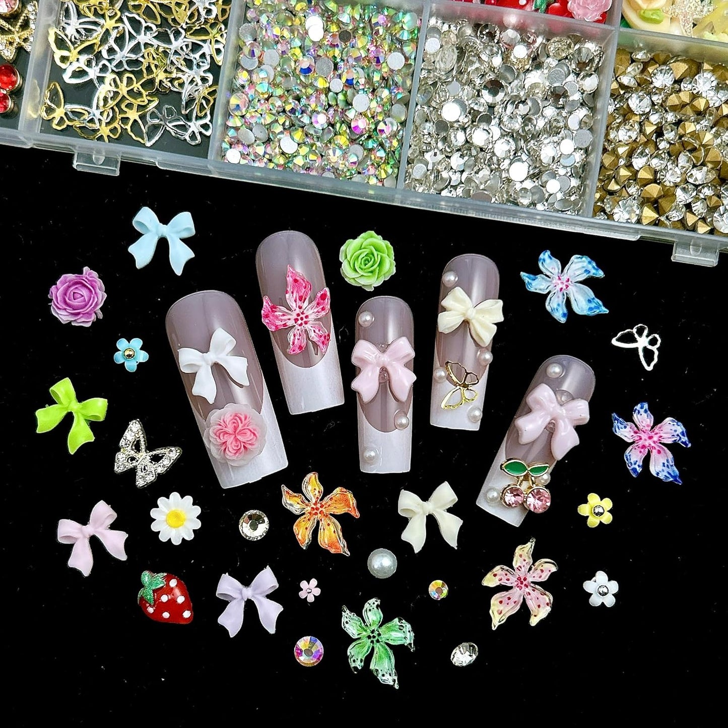 Flower Bow Nail Charms and Gems, 3D Resin Blossom Petals with Caviar Beads Charms for Nails Design，Flatback Pearl Charms Cherry Butterfly Rhinestone Nail Charms for Manicure DIY