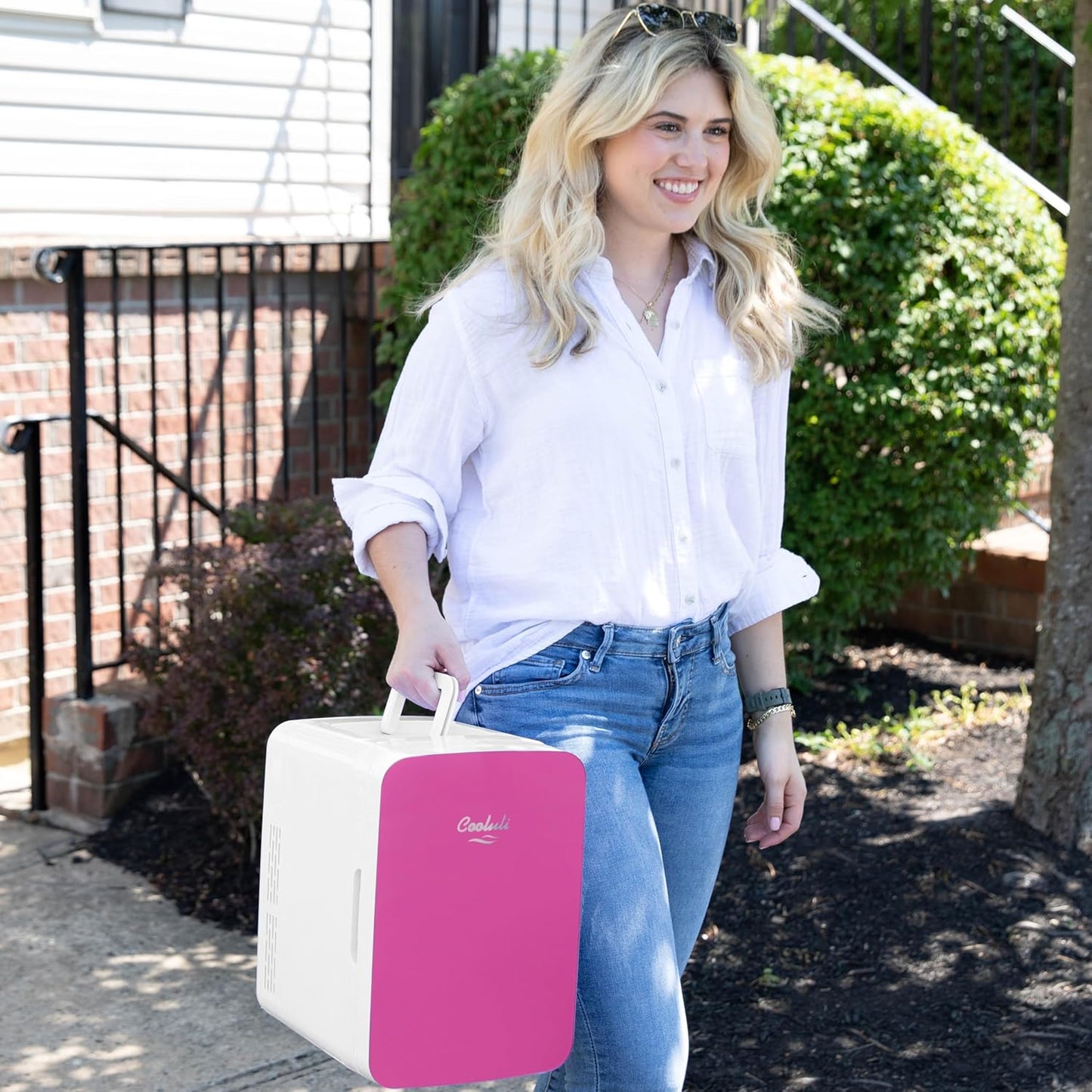 Cooluli 10L Mini Fridge for Bedroom, Car, Office Desk & Dorm - Portable Thermoelectric Cooler & Warmer for Food, Drinks, Skincare - Compact Refrigerator with Glass Front, Pink