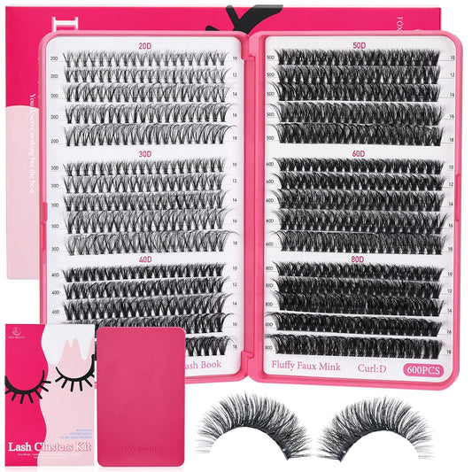 Lash Clusters 600PCS - Eyelash Clusters 20D+30D+40D+50D+60D+80D Wispy Individual Lashes D Curl Lash Extension 10-18MM Natural Lash Clusters DIY Cluster Eyelash Extensions for Beginners