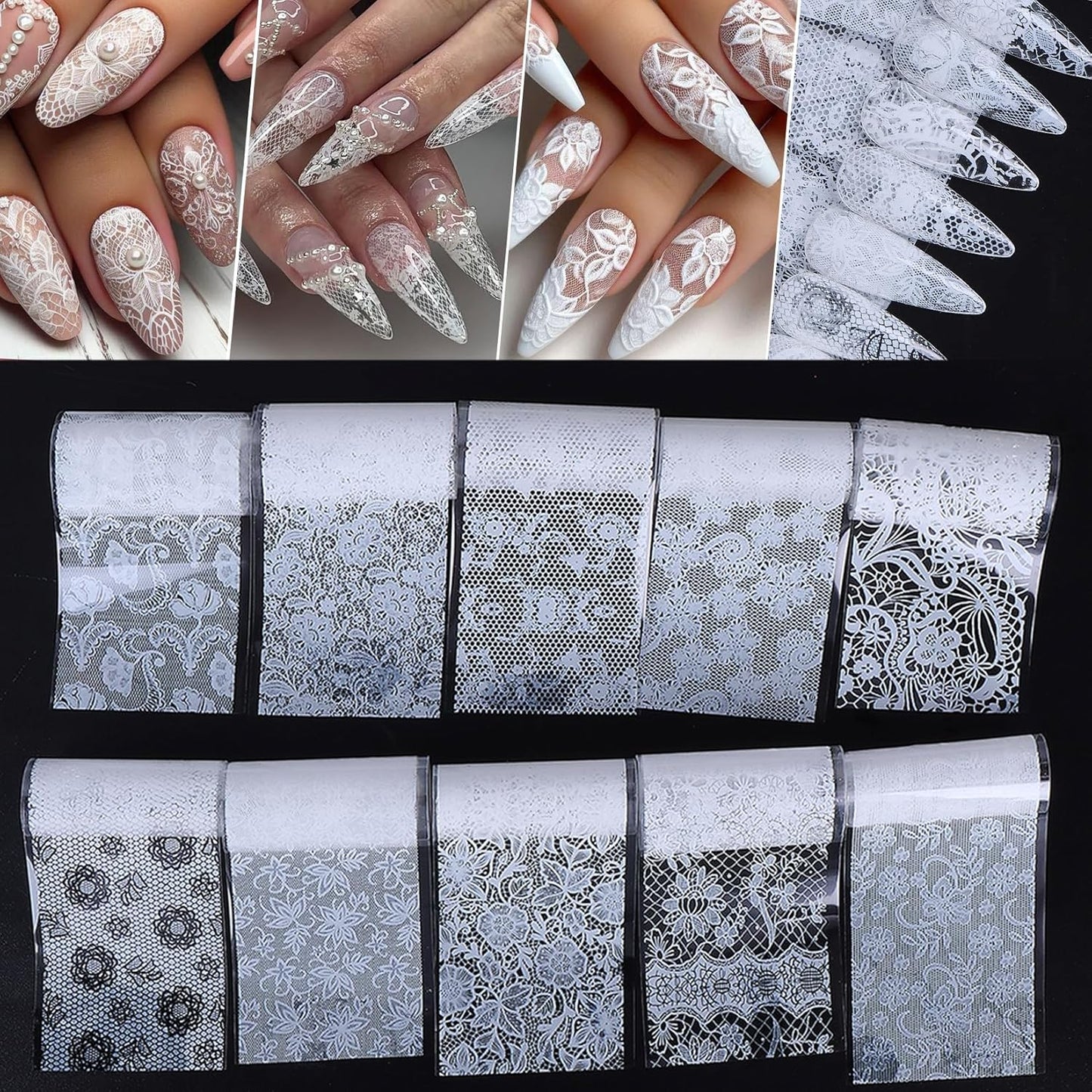 Lace Nail Transfer Foil Stickers 50PCS Black White Flower Lace Nail Foils Line Geometry Prints DIY Starry Paper Sheets Nails Art Decoration for Women Bride Wedding DIY Daily Designs Manicure Film