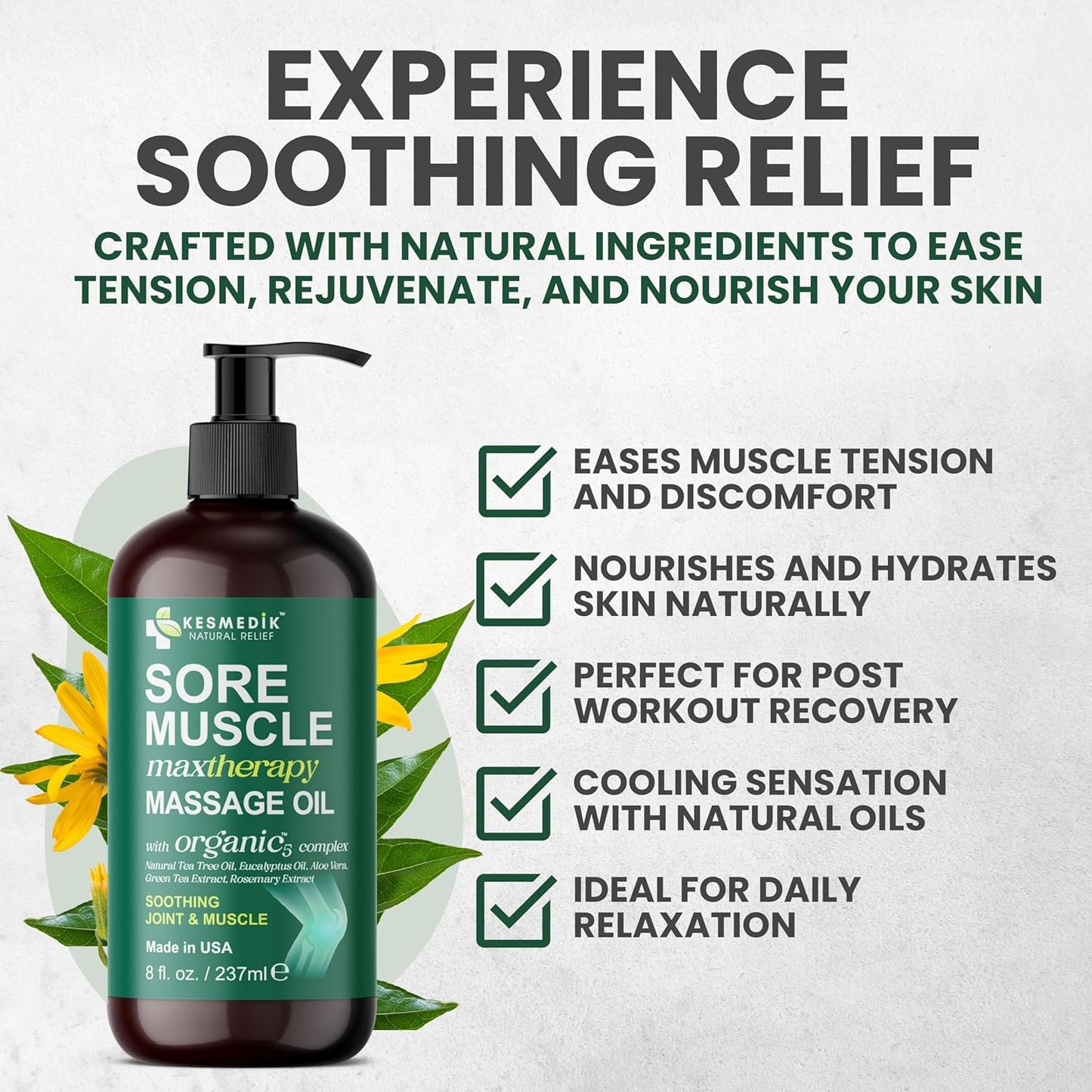 Sore Muscle Massage Oil for Massage Therapy with Arnica, Eucalyptus & Tea Tree Oil Blend for Deep Muscle Relief, Recovery, Softens Skin & Anti-Cellulite Massage for Professional & Home Use.