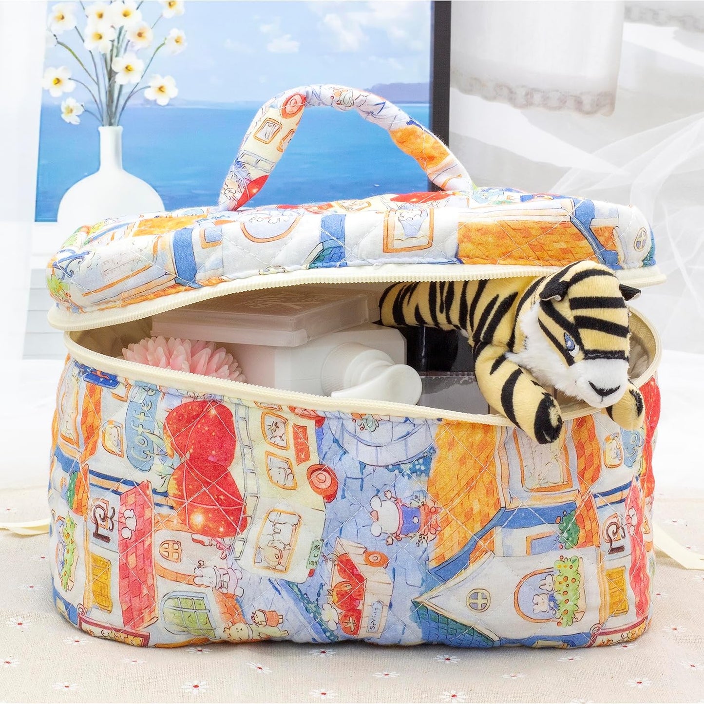 PAZIMIIK Quilted Makeup Bag Large Travel Zipper Soft Cosmetic Case for Women Girls Make Up,Little Bunny