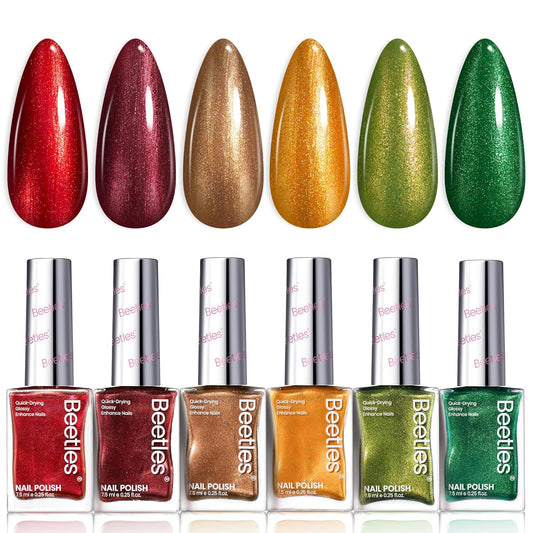 Beetles Fall Nail Polish Set - Glamour Era 6 Colors Quick Dry Glitter Burgundy Red Gold Green Yellow High-Gloss Long-Lasting Nail Polish for DIY At-Home Manicure Gift for Women