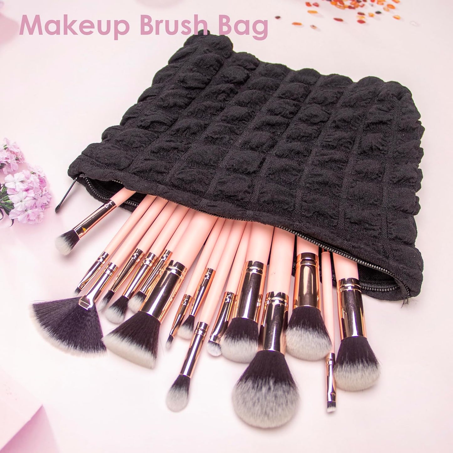 PAZIMIIK Floral Makeup Bag Large Cotton Zipper Pouch for Purse Travel Canvas Make Up Organizer for Women Cosmetic,Bubble Black