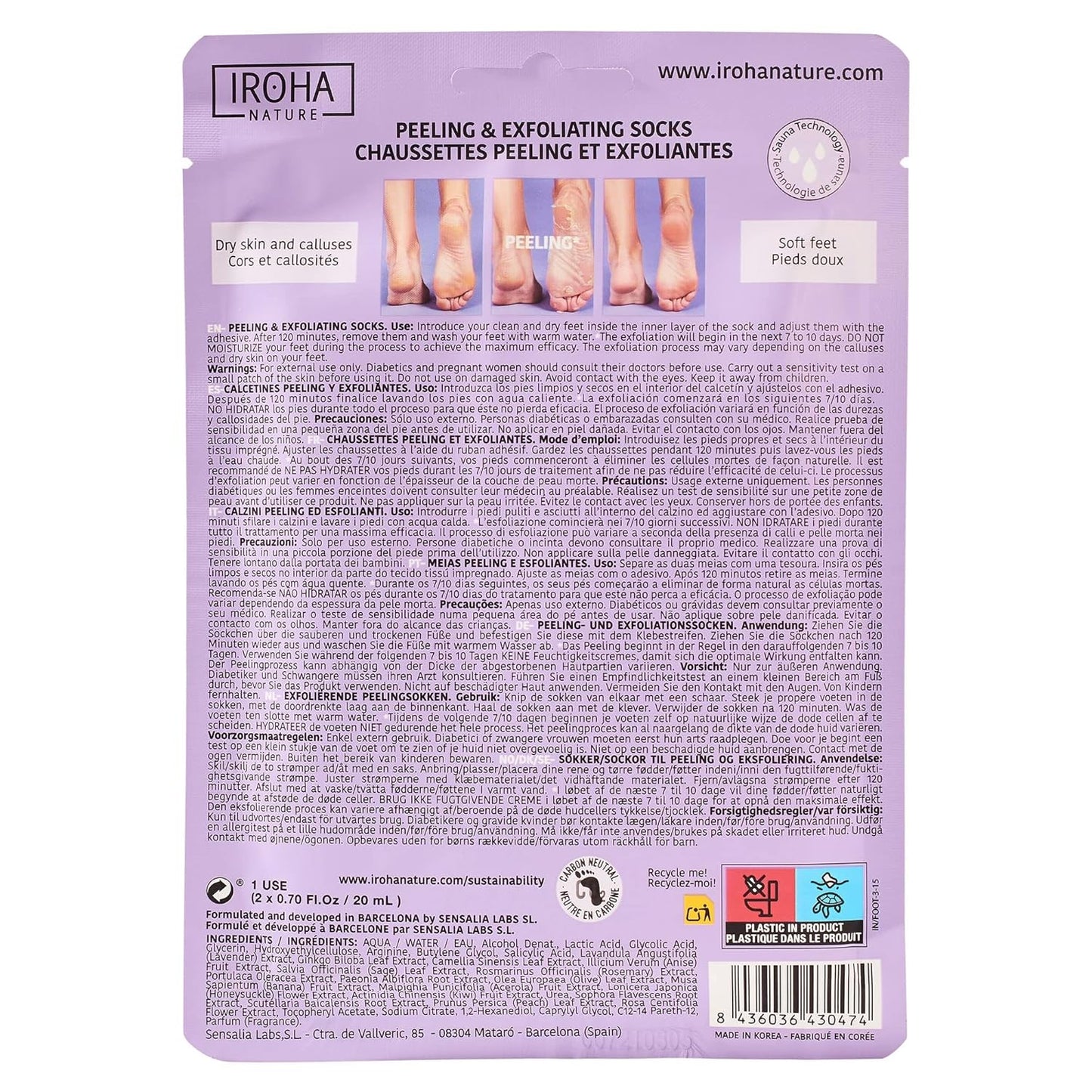 IROHA NATURE Exfoliating Foot Peeling Socks | 1 Pair (1 Use) | With Glycolic, Lactic, Salicylic Acids & Lavender | Intensive Treatment for Callused, Dry & Cracked Feet | Vegan Formula