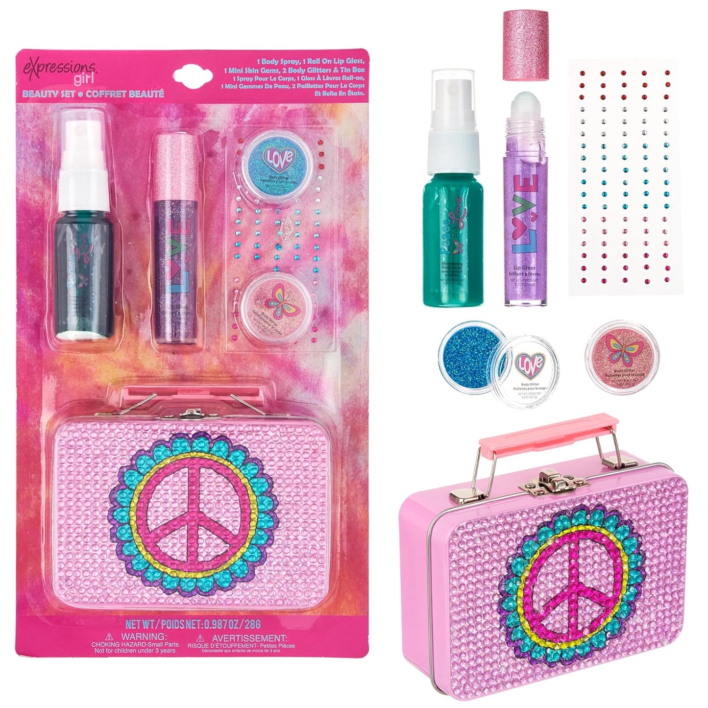 Expressions 6pc Peace & Rhinestones Beauty Set w/Tin Box Storage Case - Body Spray, Body Glitter, Mini Body Gems, and Lip Gloss Set,Washable + Non Toxic