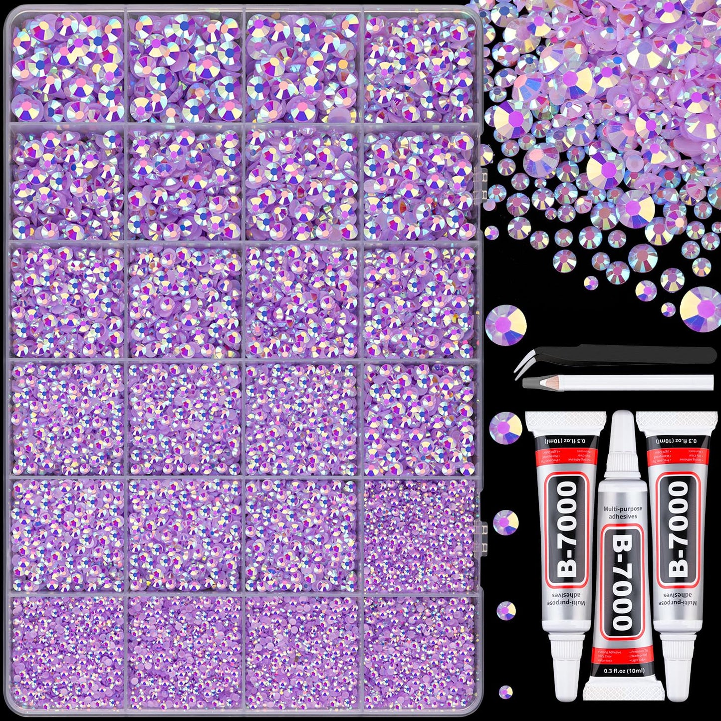 25000Pcs Resin Jelly Rhinestones with Tweezers for Crafting, Lavender Purple AB Flatback Gems, Bedazzling Crystal with 3Pcs 10ml B7000 Jewelry Glue for DIY Crafts Clothing Tumblers Shoes Nail Art