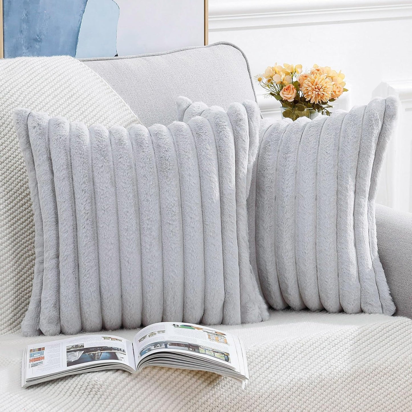 MADIZZ Set of 2 Faux Wool Plush Decorative Throw Pillow Covers 16x16 Inch Light Grey Fluffy Striped Soft Decorative Cushion Cover for Sofa Bedroom Pillow Shell