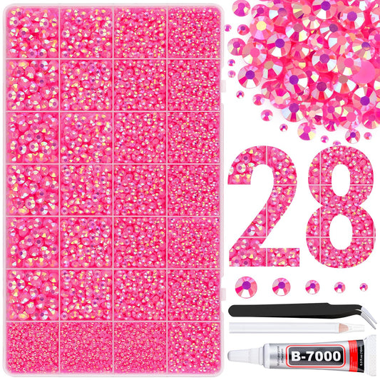30000Pcs Resin Rhinestones for Bedazzling with Tweezers, Hot Pink AB Rhinestones for Crafting with B7000 Jewelry Glue for DIY Crafts Clothing Tumblers Shoes Fabric Nail Art