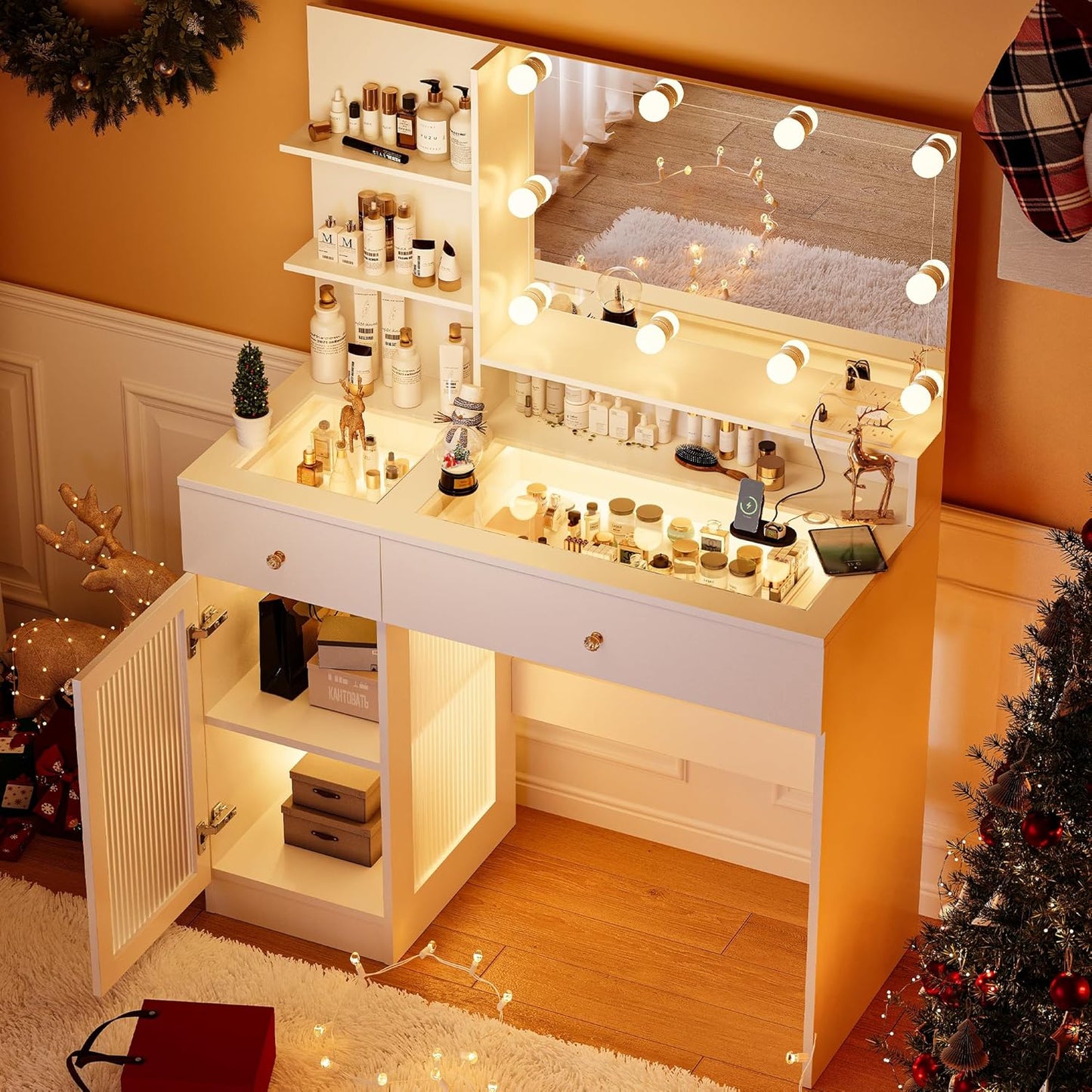 40" Vanity Desk with Large Mirror and Lights, Modern Glass Top Makeup Vanity Set with Power Outlet, Drawers and Cabinet, 3 Lighting Color Adjustable Dressing Table for Bedroom,White