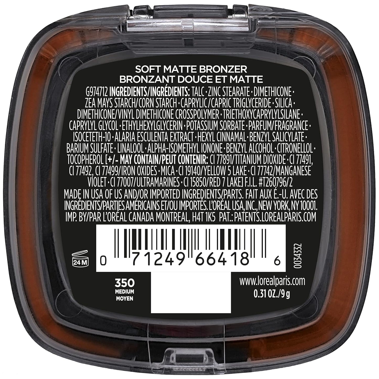 L'Oreal Paris Infallible Up to 24H Fresh Wear Soft Matte Longwear Bronzer. Waterproof, heatproof, Transfer, humidity and sweatproof, Medium, 0.31 oz