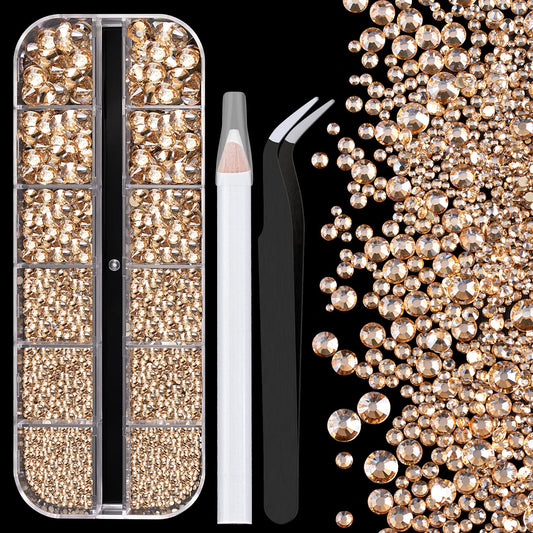 One Pack 2000 Pcs of Flatback Round Champagne Rhinestones 6 Sizes (1.5-6 mm) with Nail Art Rhinestone Picker Pencil and Tweezer for DIY and Salon Use