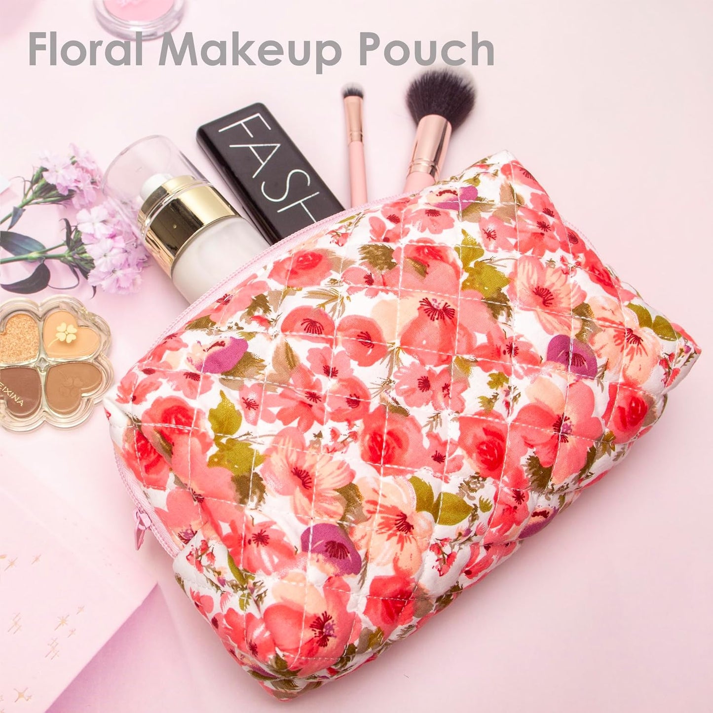 PAZIMIIK Vintage Quilted Makeup Bag Cosmetic Pouch for Brushes Pencils and Travel Make Up Accessories for Women and Girls,Flower Pink