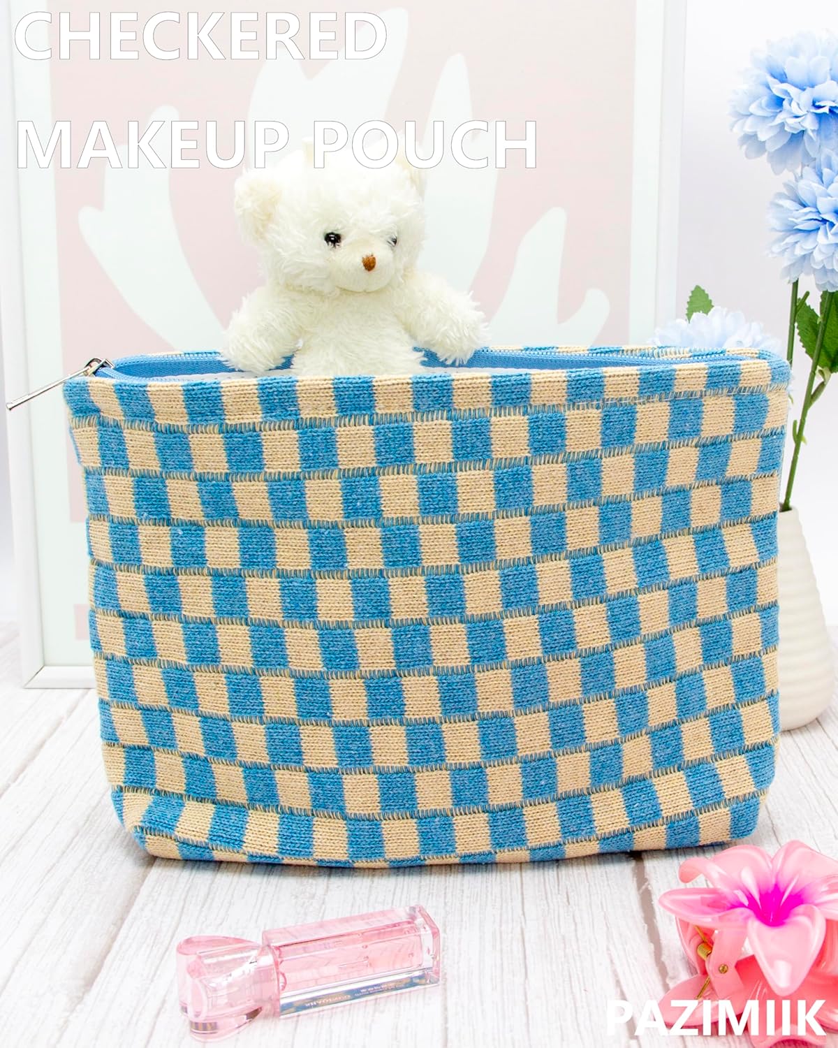 PAZIMIIK Knitted Checkered Makeup Bag Large Zipper Make Up Accessory Pouch for Purse Cosmetic Brush Bag for Travel Essential Blue Beige
