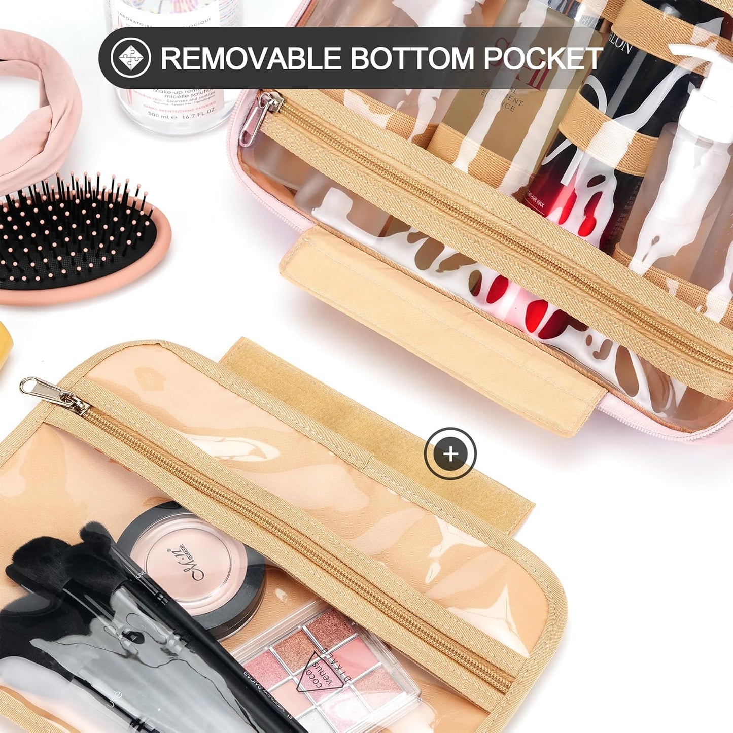 Travel Hanging Toiletry Bag for Women, with Jewelry Organizer Compartment, Medium Waterproof Hanging Makeup Accessories, Cosmetic Essentials, Toiletries Dopp Kit Set with Trolley Belt, Baby Pink