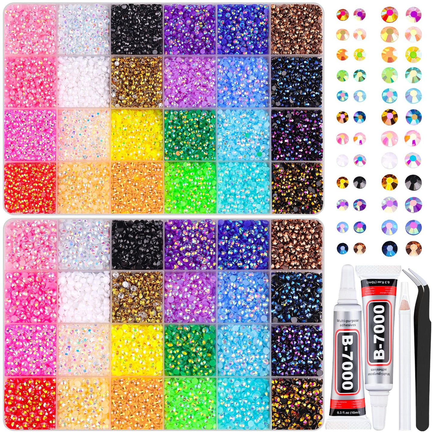 2 Boxes Jelly Rhinestones for Bedazzling, 36600Pcs 3mm & 4mm Multicolor Flatback Resin Gems for Crafting, Bedazzler Kit with 2Pcs 10ml B7000 Jewelry Glue for DIY Crafts Book Fabric Decor Nail Art
