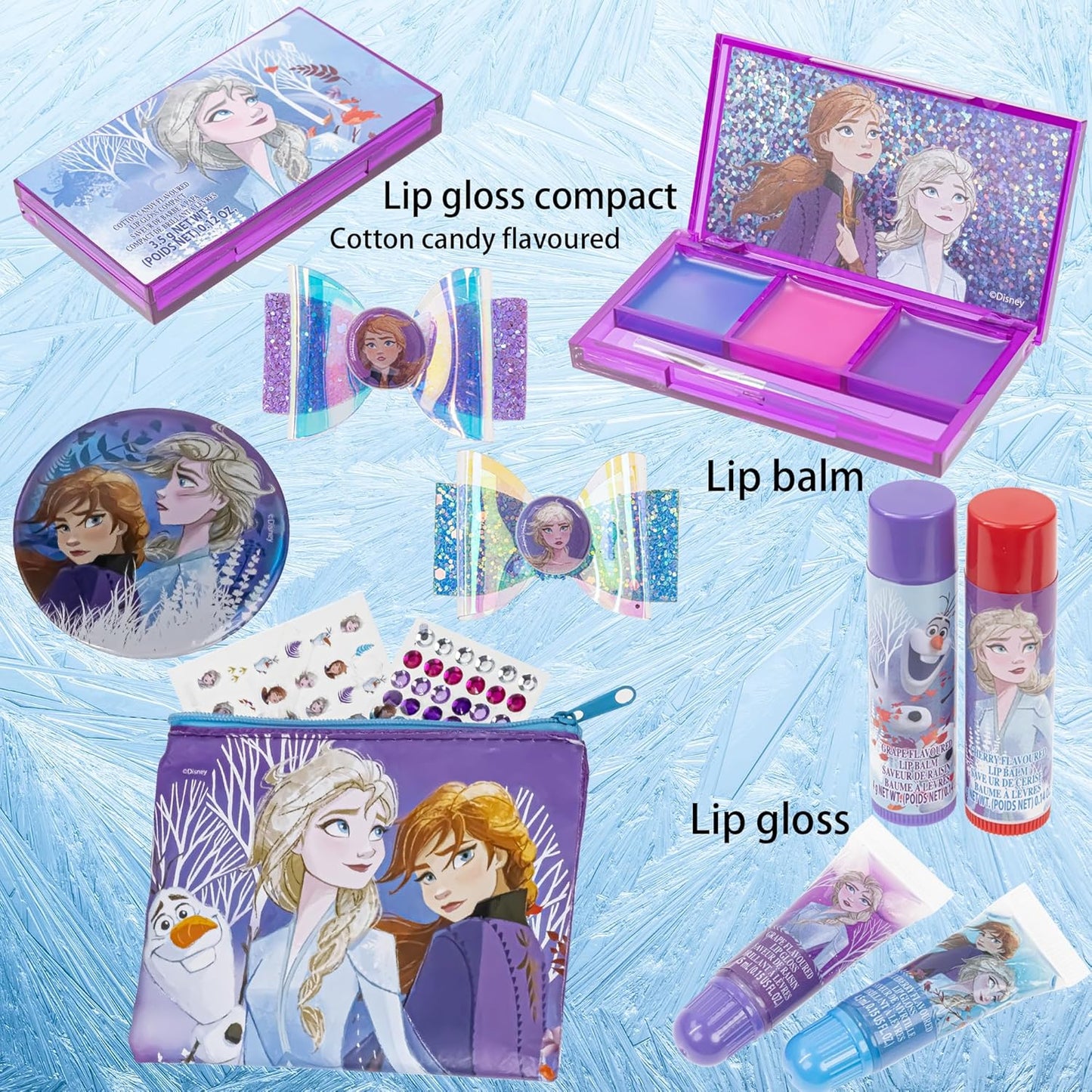 Disney Frozen - Townley Girl Super Sparkly Cosmetic Beauty Makeup Set For Girls with Clips, Lip Gloss, Nail Stickers, Lip Balm, Nail Gems and Mirror For Parties, Sleepovers & Makeovers
