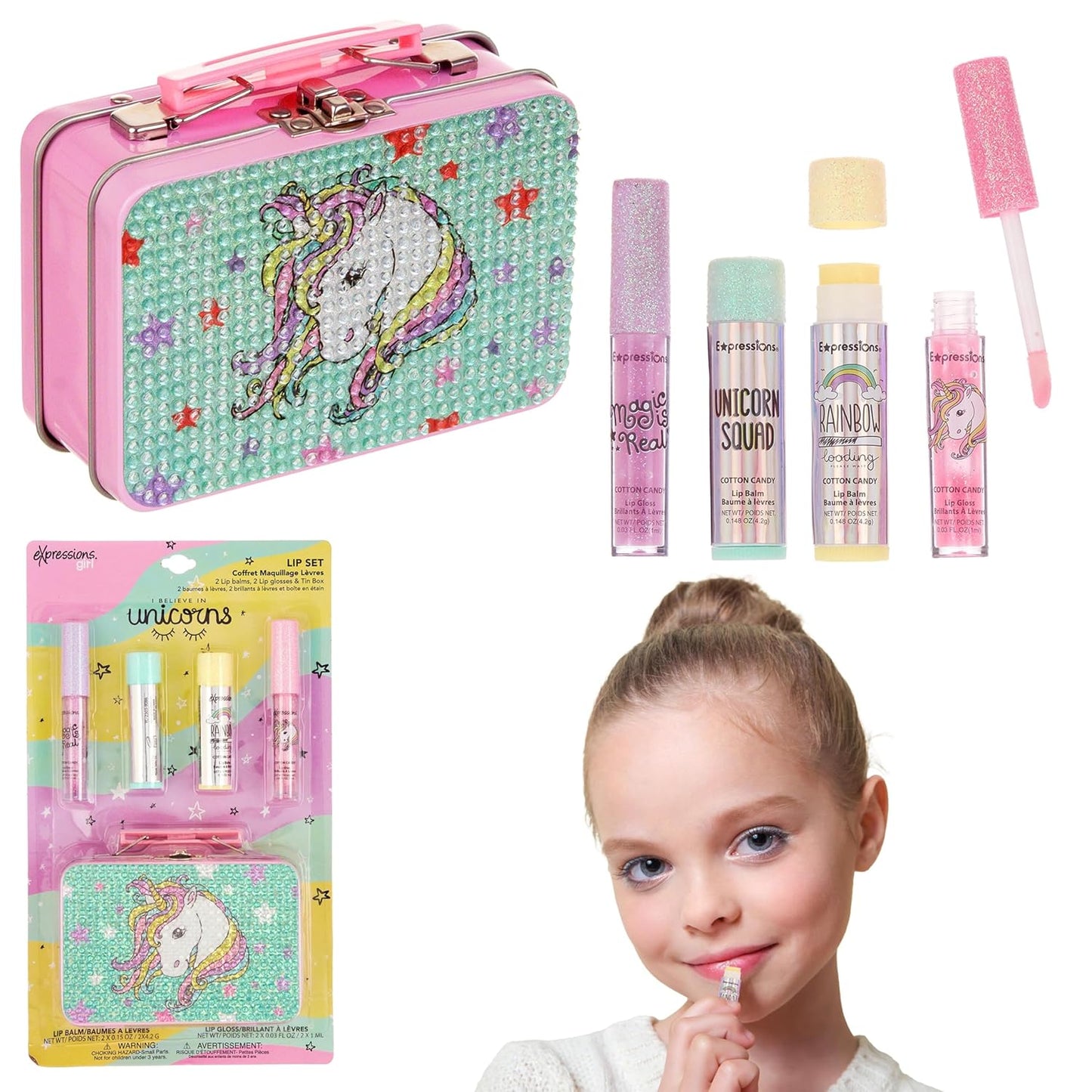Expressions 5pc Cosmetics Lip Kit For Kids w/Lip Glosses, Lip Balms & Tin Box Storage Case I Believe in Unicorns Rhinestone,Washable + Non Toxic